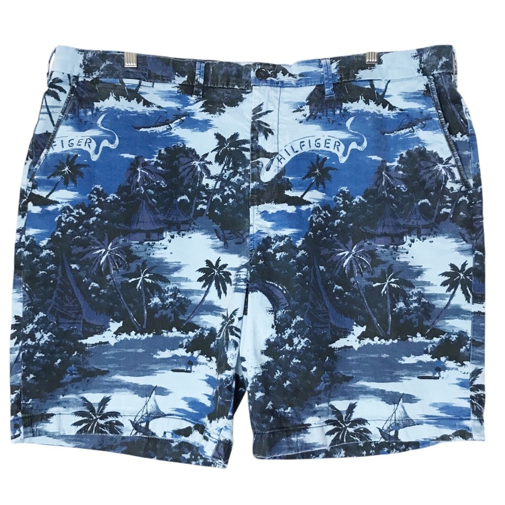 Tommy Hilfiger Blue Tropical Print Shorts Hampton Bermuda Cotton Men's Waist 44
